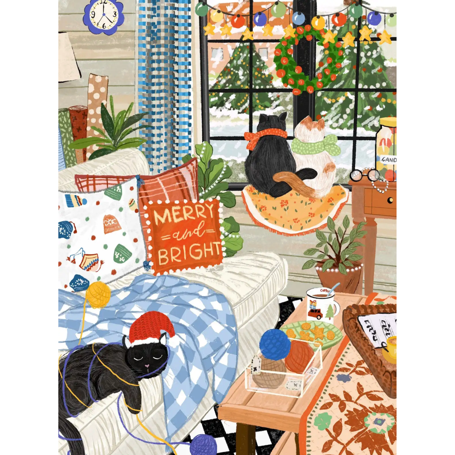 A Cozy Cat Christmas 1,000-piece jigsaw puzzle featuring cats in a festive holiday scene with snowy window view and cozy bedroom setting