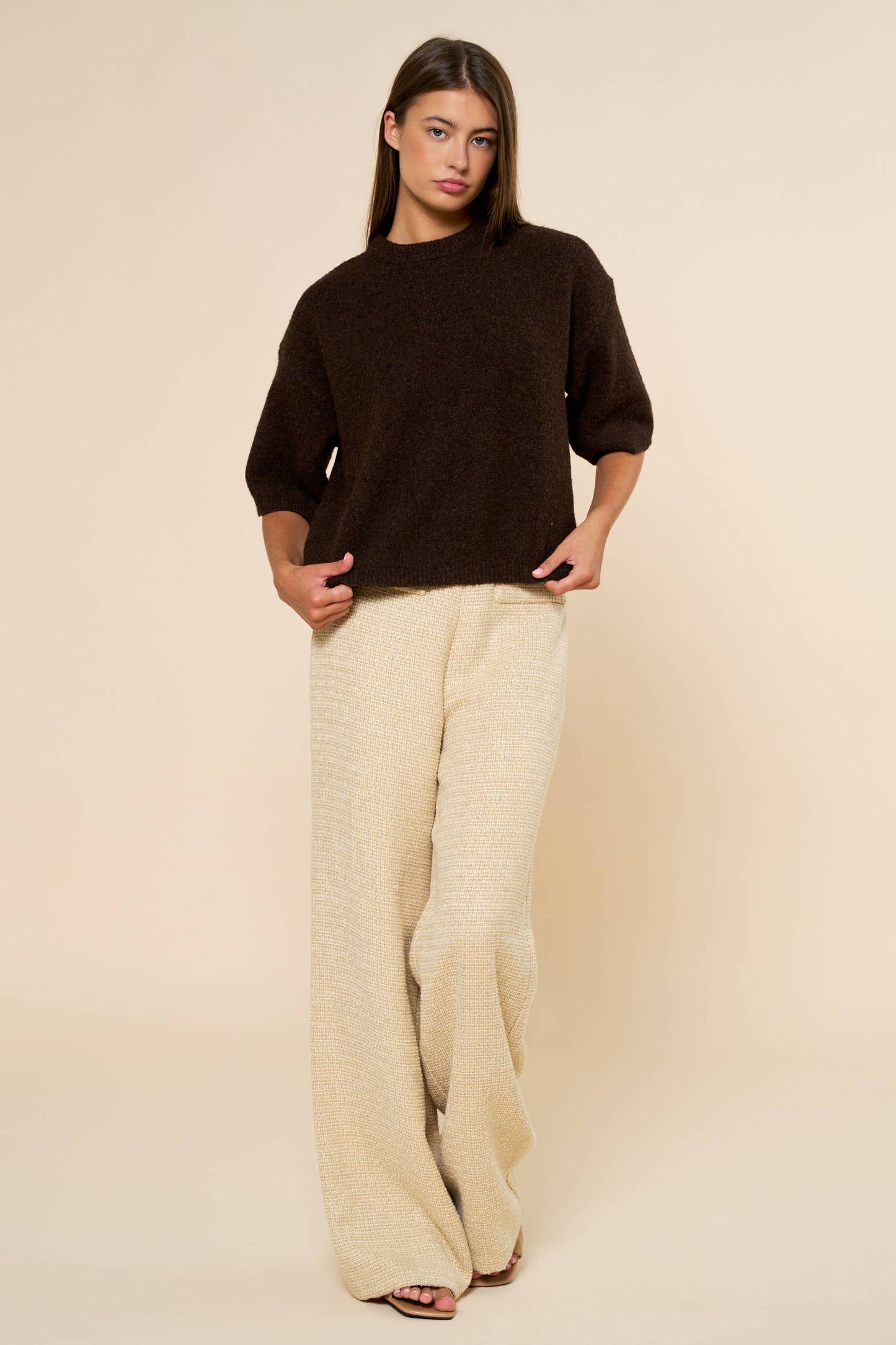 Adeline Sweater Top in dark brown - oversized fuzzy knit sweater with ribbed mock neckline and wide short sleeves with ribbed cuffs