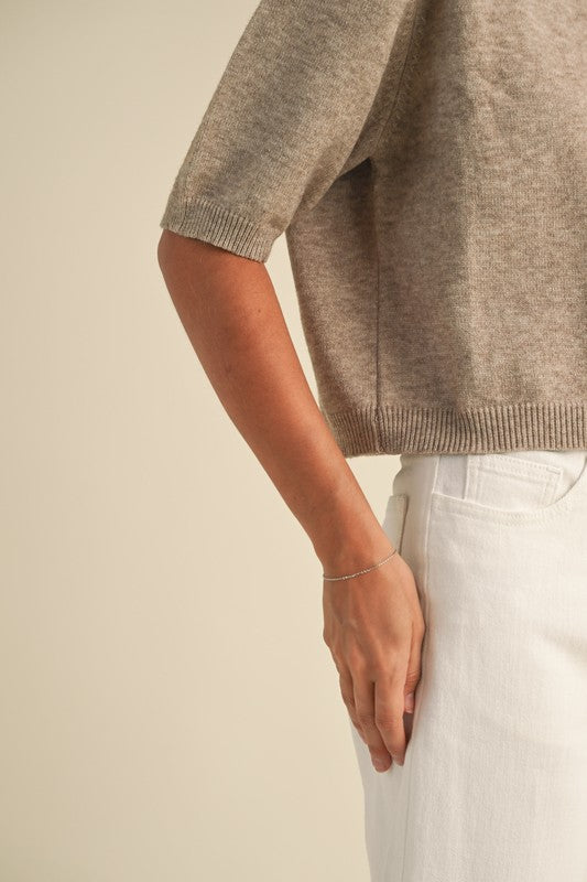 Bennett Sweater Tee in mocha - cropped boxy knit top with mock neckline, ribbed detailing, and short sleeves with ribbed cuffs