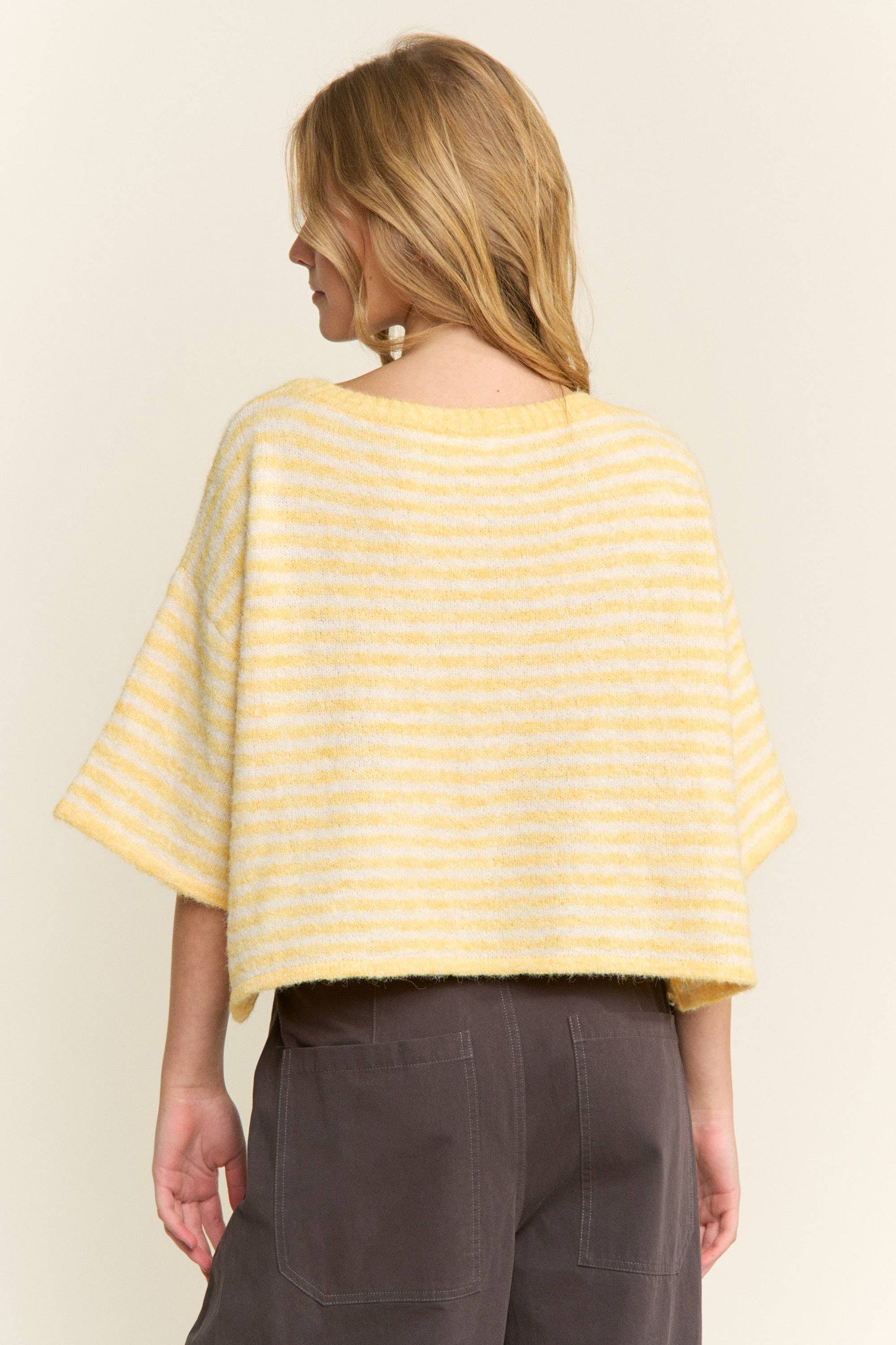 Blair Stripe Sweater in yellow and white - cropped fuzzy knit cardigan with horizontal stripes, button-front closure, round neckline, and short sleeves in relaxed boxy fit