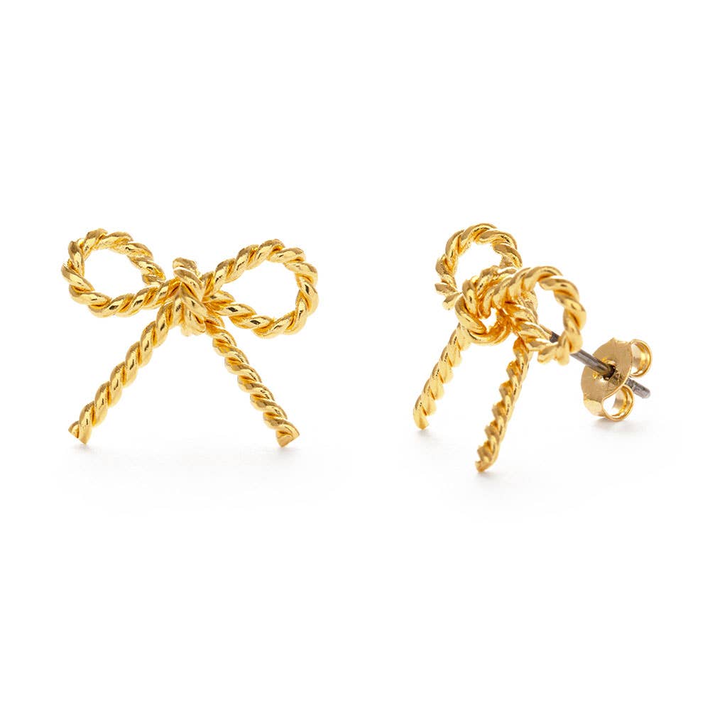14K gold-plated bow stud earrings with twisted rope detailing and surgical steel posts