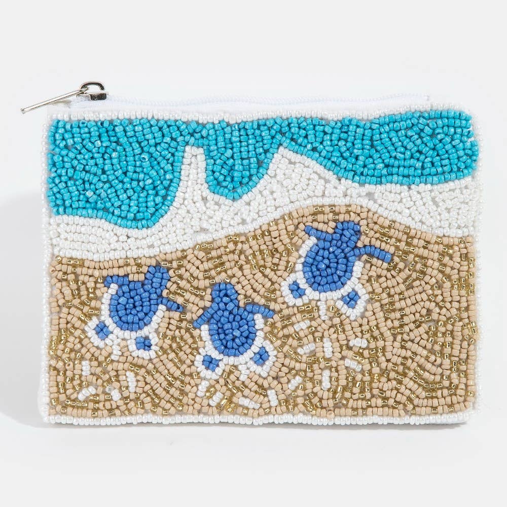 Seed Beaded Coin Purse - Turtles On Beach (Ships 6/21)