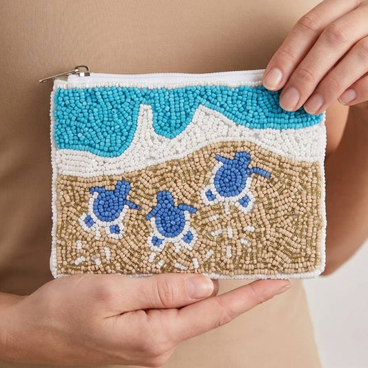 Seed Beaded Coin Purse - Turtles On Beach (Ships 6/21)