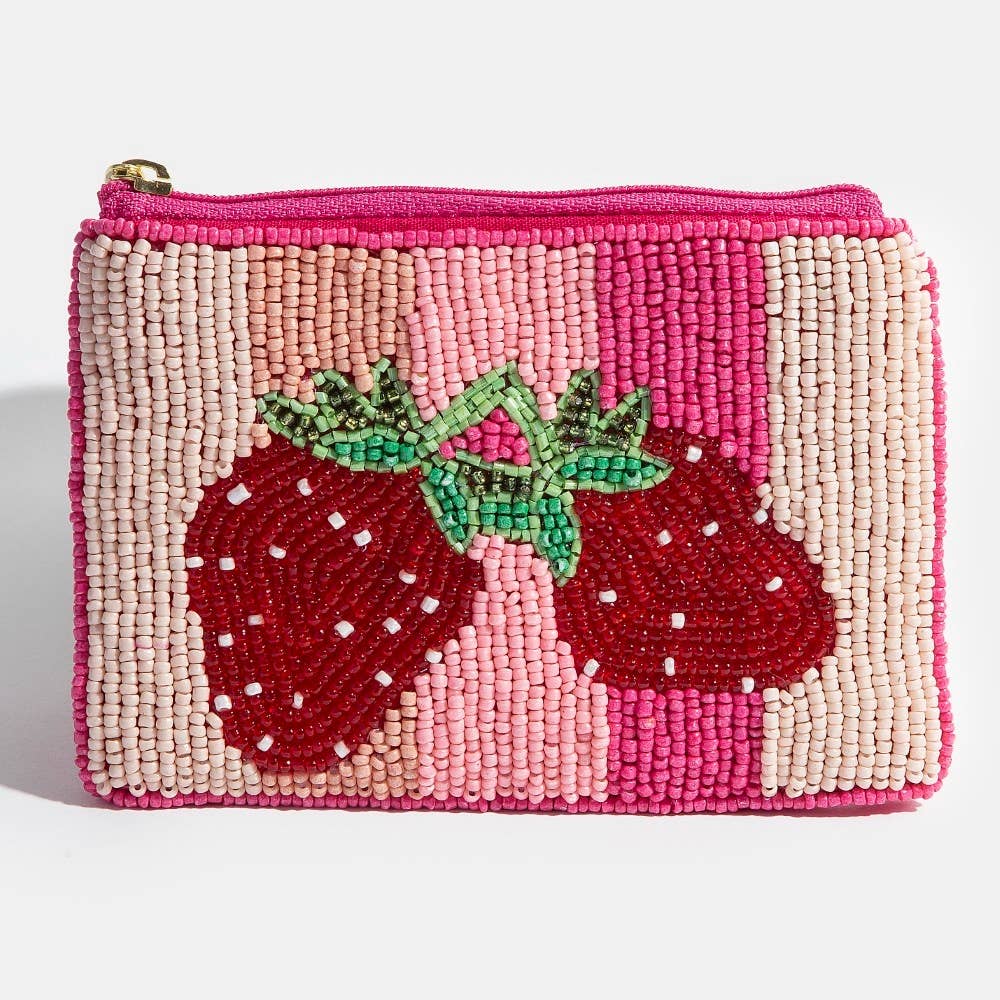 Seed Beaded Coin Purse - Double Strawberry (Ships 6/21)