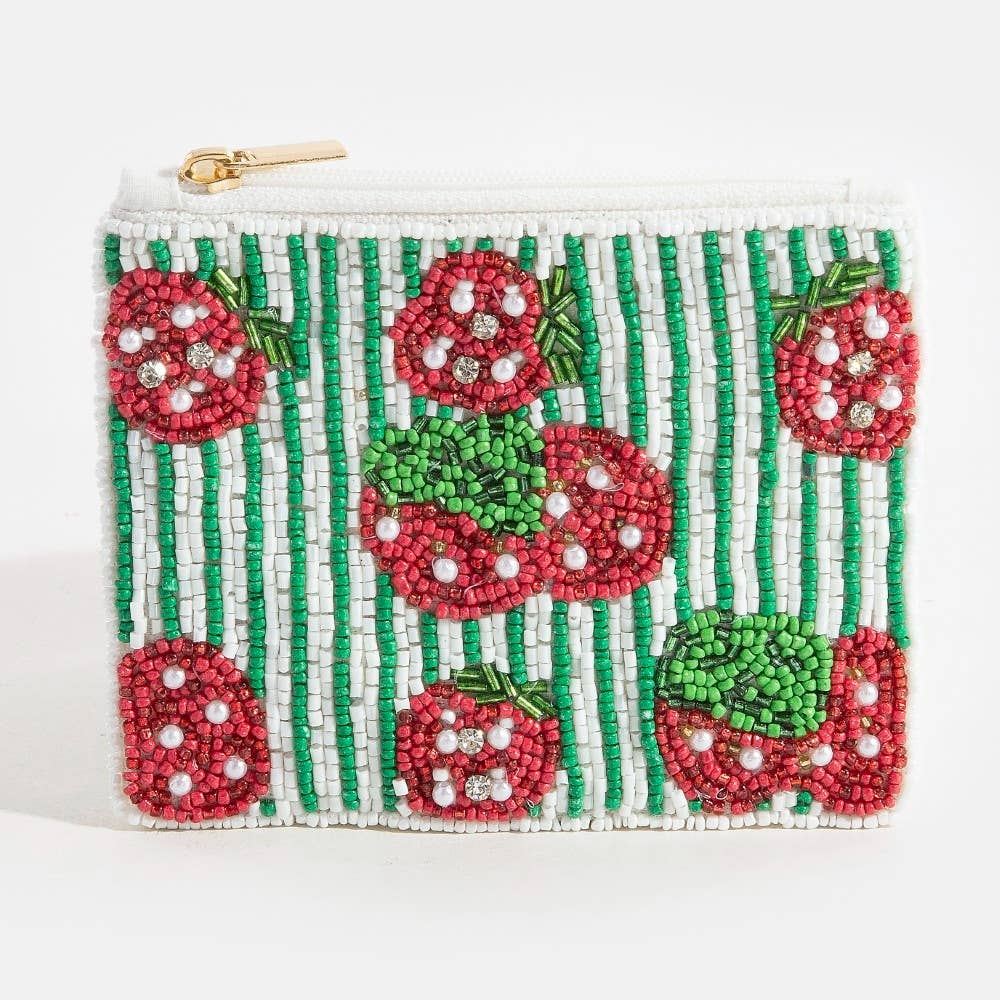 Seed Beaded Coin Purse - Stripes & Strawberries (Ships 6/21)