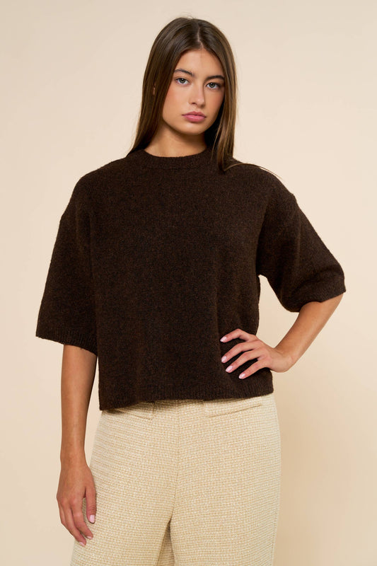 Adeline Sweater Top in dark brown - oversized fuzzy knit sweater with ribbed mock neckline and wide short sleeves with ribbed cuffs