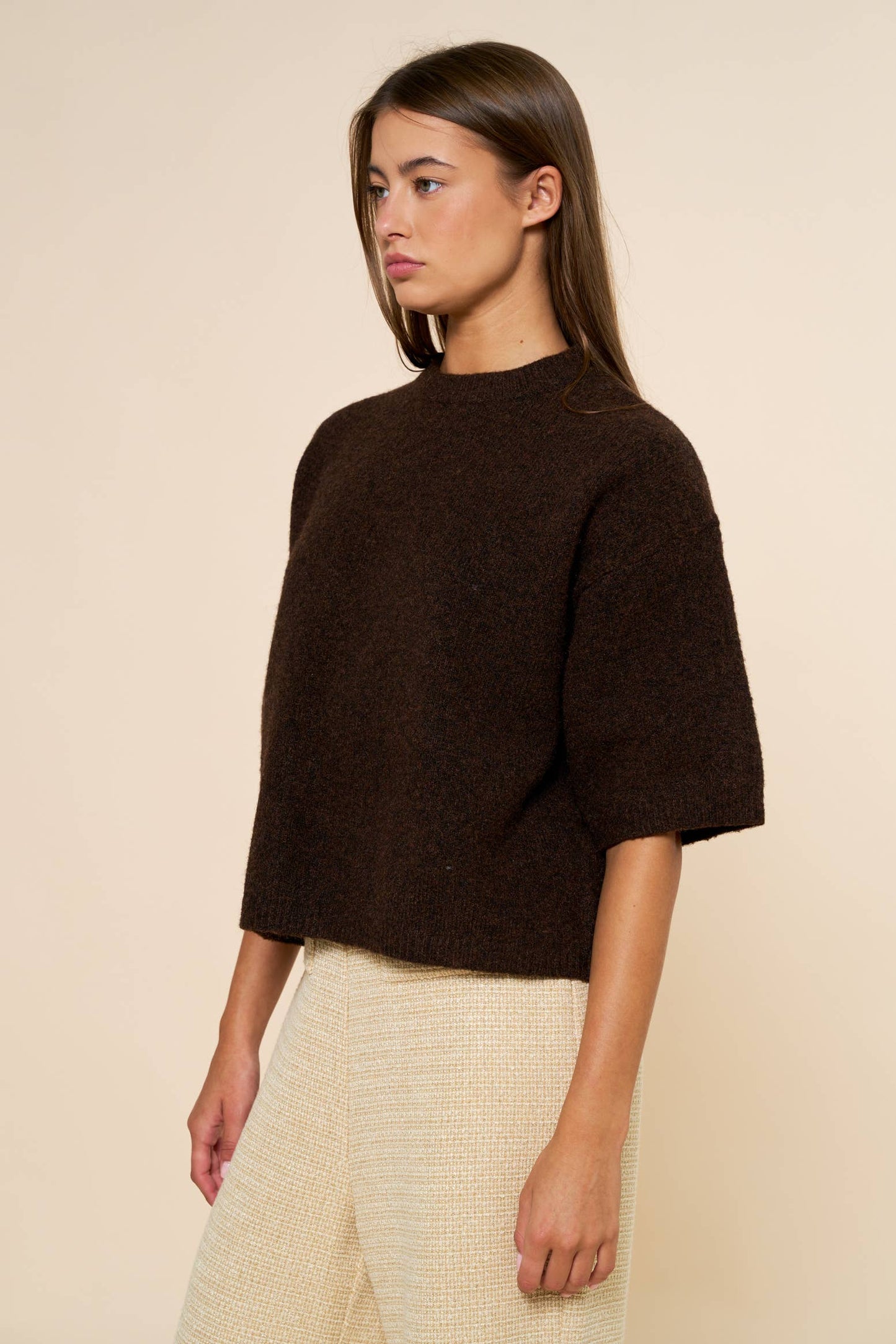 Adeline Sweater Top in dark brown - oversized fuzzy knit sweater with ribbed mock neckline and wide short sleeves with ribbed cuffs