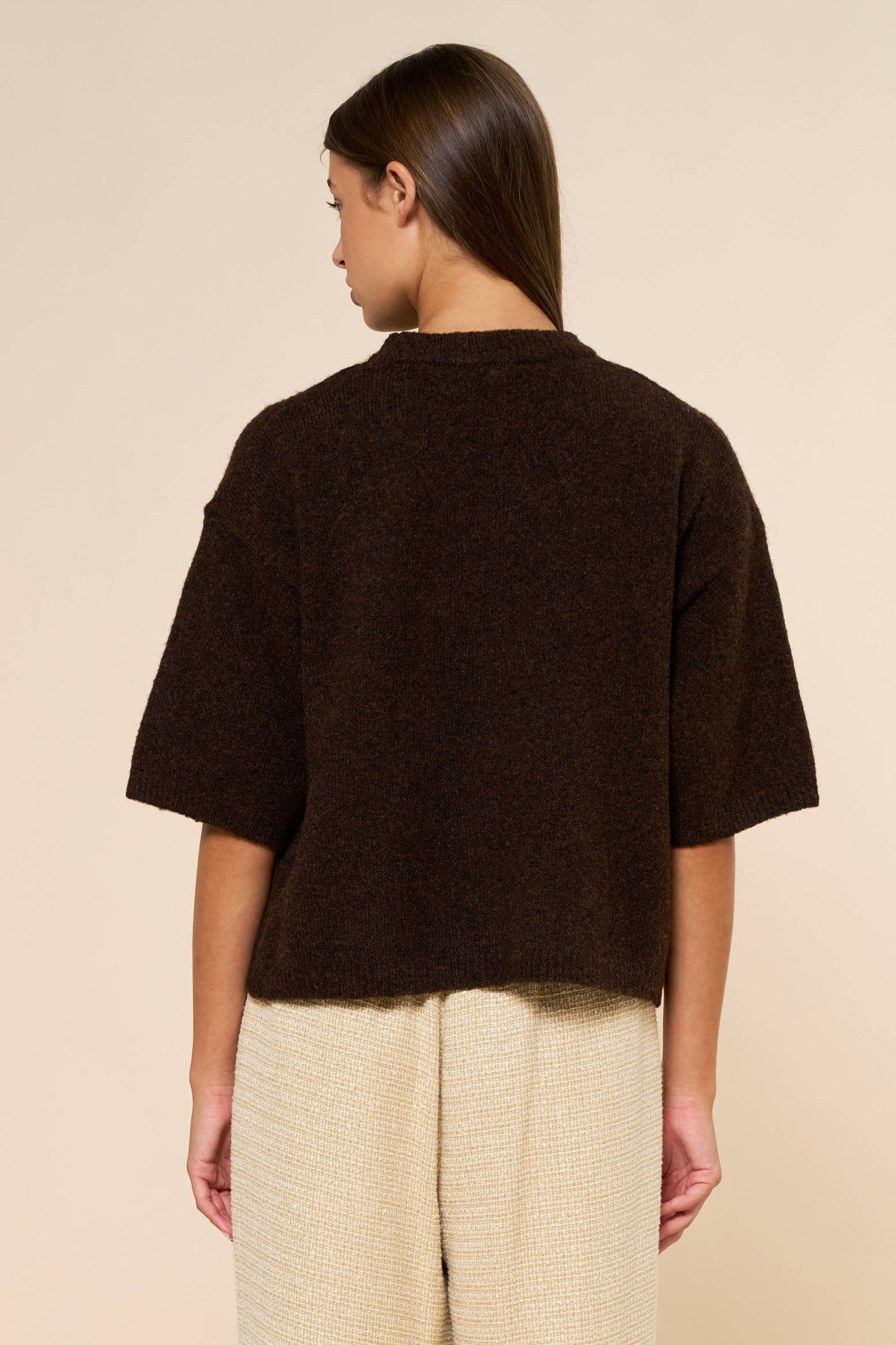 Adeline Sweater Top in dark brown - oversized fuzzy knit sweater with ribbed mock neckline and wide short sleeves with ribbed cuffs