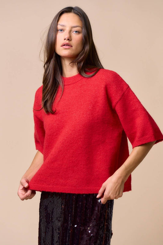 Adeline Sweater Top in red - oversized fuzzy knit sweater with ribbed mock neckline and wide short sleeves with ribbed cuffs