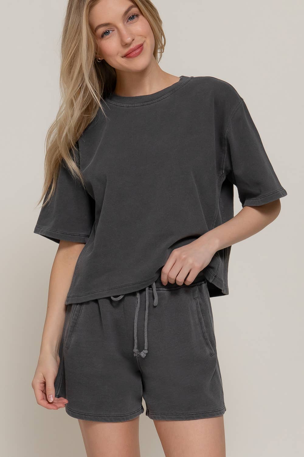 After Hours Terry Shorts in garment-washed French terry with elastic drawstring waistband and side pockets