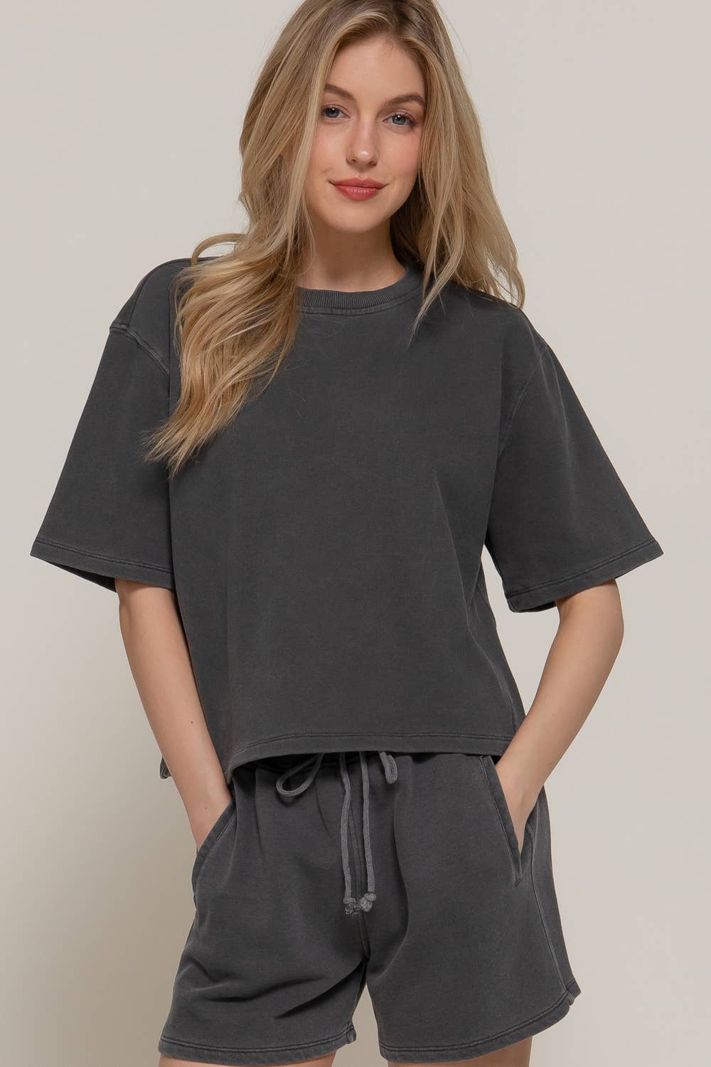 After Hours Terry Top in garment-washed French terry with round neckline, short dolman sleeves, and boxy relaxed fit