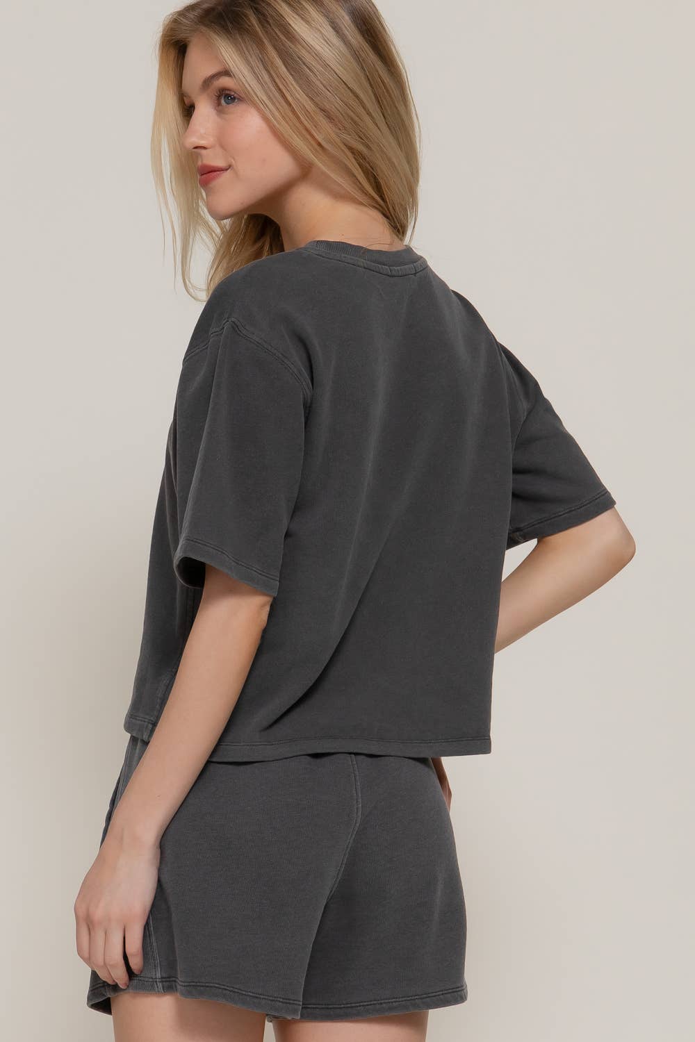 After Hours Terry Top in garment-washed French terry with round neckline, short dolman sleeves, and boxy relaxed fit