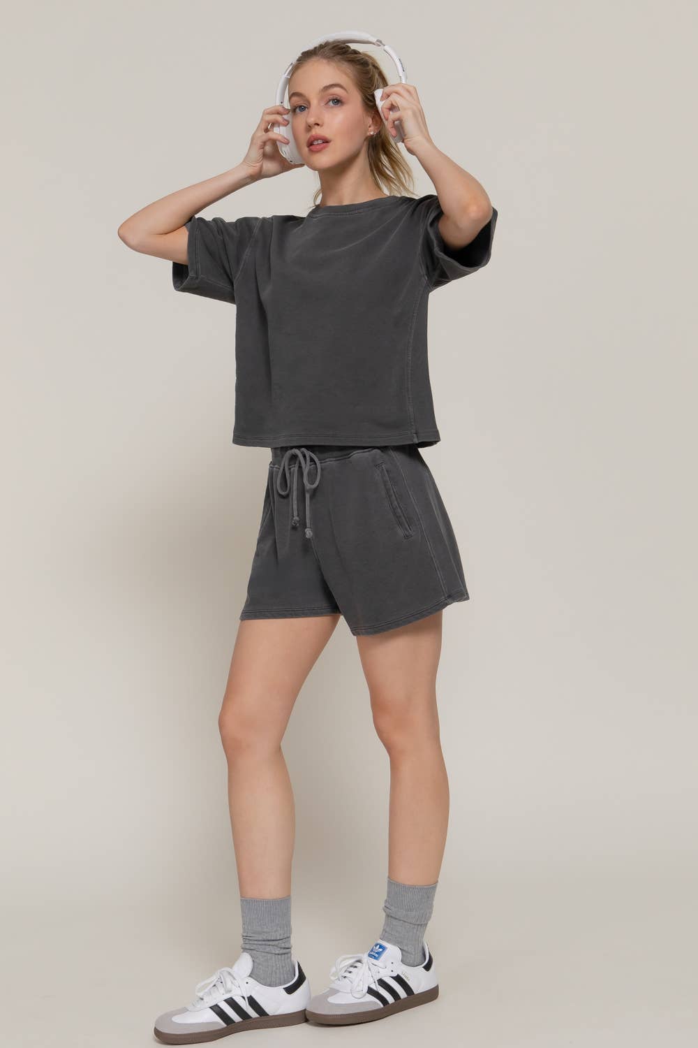 After Hours Terry Top in garment-washed French terry with round neckline, short dolman sleeves, and boxy relaxed fit