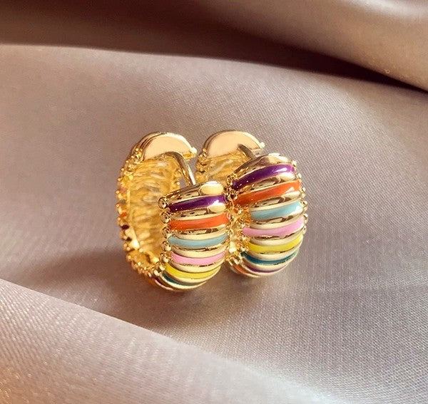 18K gold-plated huggie hoop earrings with colorful enamel stripes in purple, coral, turquoise, pink, and yellow