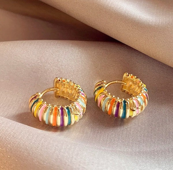 18K gold-plated huggie hoop earrings with colorful enamel stripes in purple, coral, turquoise, pink, and yellow