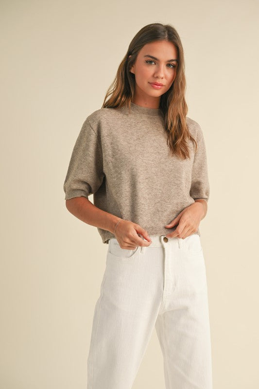 Bennett Sweater Tee in mocha - cropped boxy knit top with mock neckline, ribbed detailing, and short sleeves with ribbed cuffs