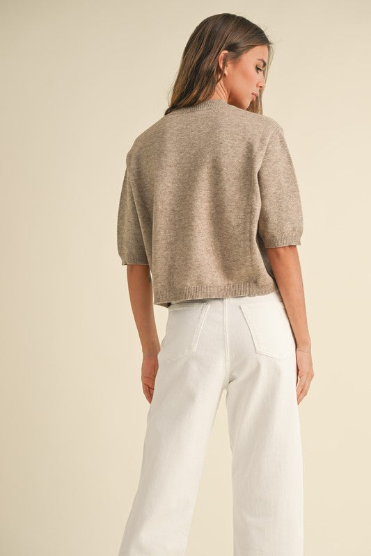 Bennett Sweater Tee in mocha - cropped boxy knit top with mock neckline, ribbed detailing, and short sleeves with ribbed cuffs