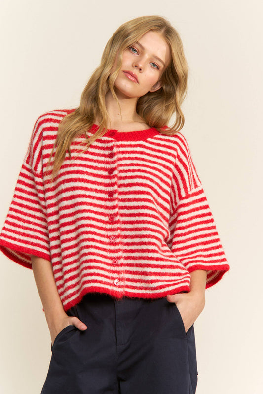 Blair Stripe Sweater in red and white - cropped fuzzy knit cardigan with horizontal stripes, button-front closure, round neckline, and short sleeves in relaxed boxy fit