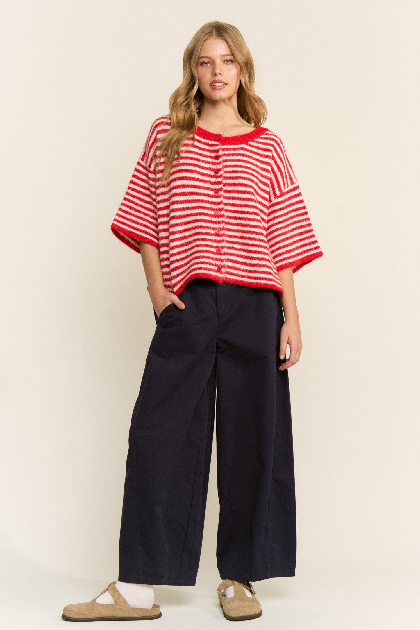 Blair Stripe Sweater in red and white - cropped fuzzy knit cardigan with horizontal stripes, button-front closure, round neckline, and short sleeves in relaxed boxy fit