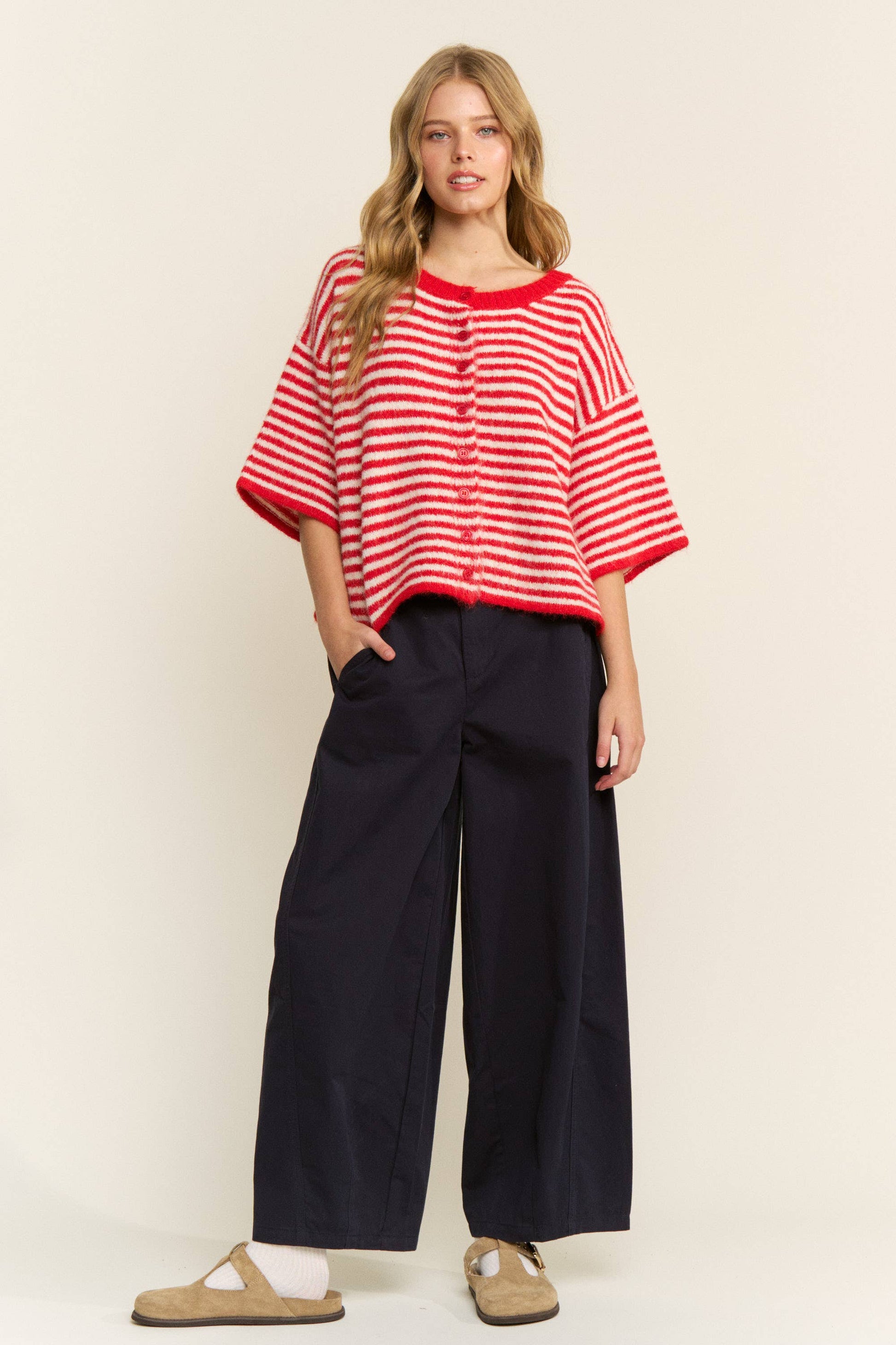Blair Stripe Sweater in red and white - cropped fuzzy knit cardigan with horizontal stripes, button-front closure, round neckline, and short sleeves in relaxed boxy fit