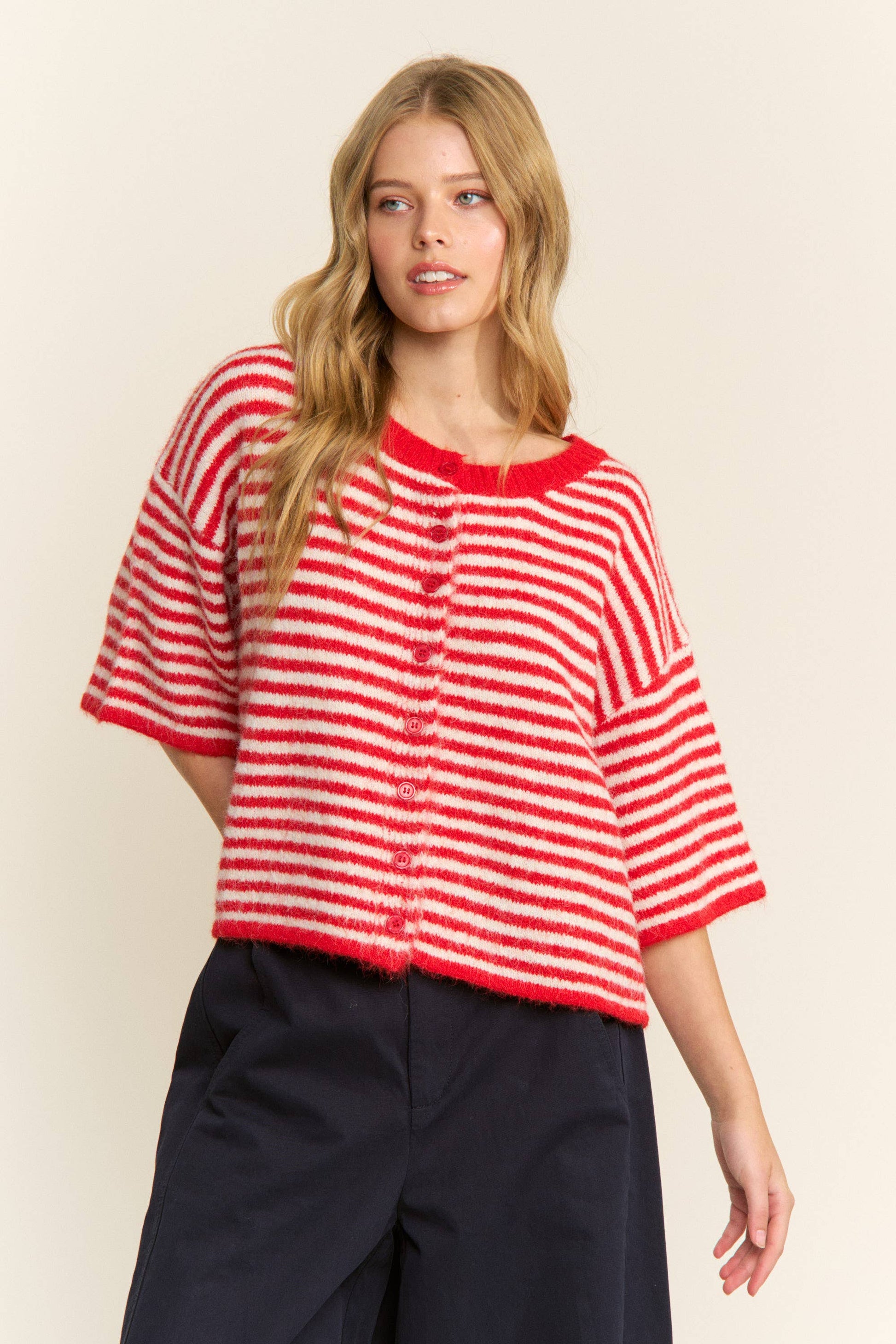 Blair Stripe Sweater in red and white - cropped fuzzy knit cardigan with horizontal stripes, button-front closure, round neckline, and short sleeves in relaxed boxy fit