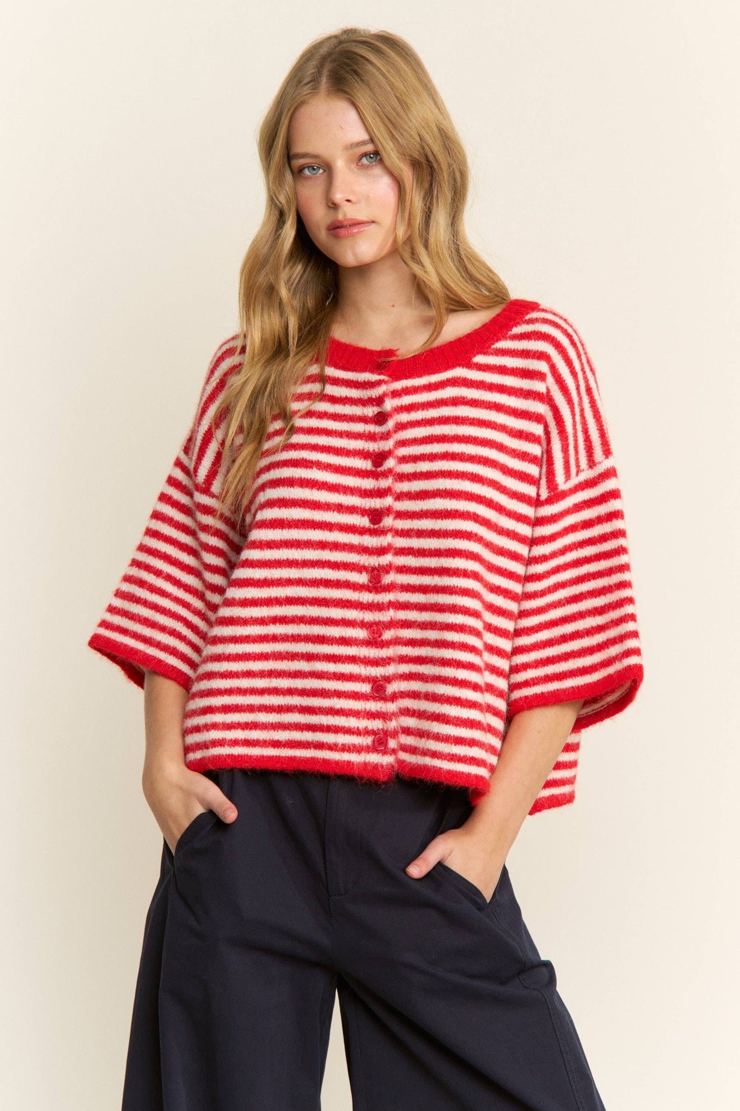 Blair Stripe Sweater in red and white - cropped fuzzy knit cardigan with horizontal stripes, button-front closure, round neckline, and short sleeves in relaxed boxy fit