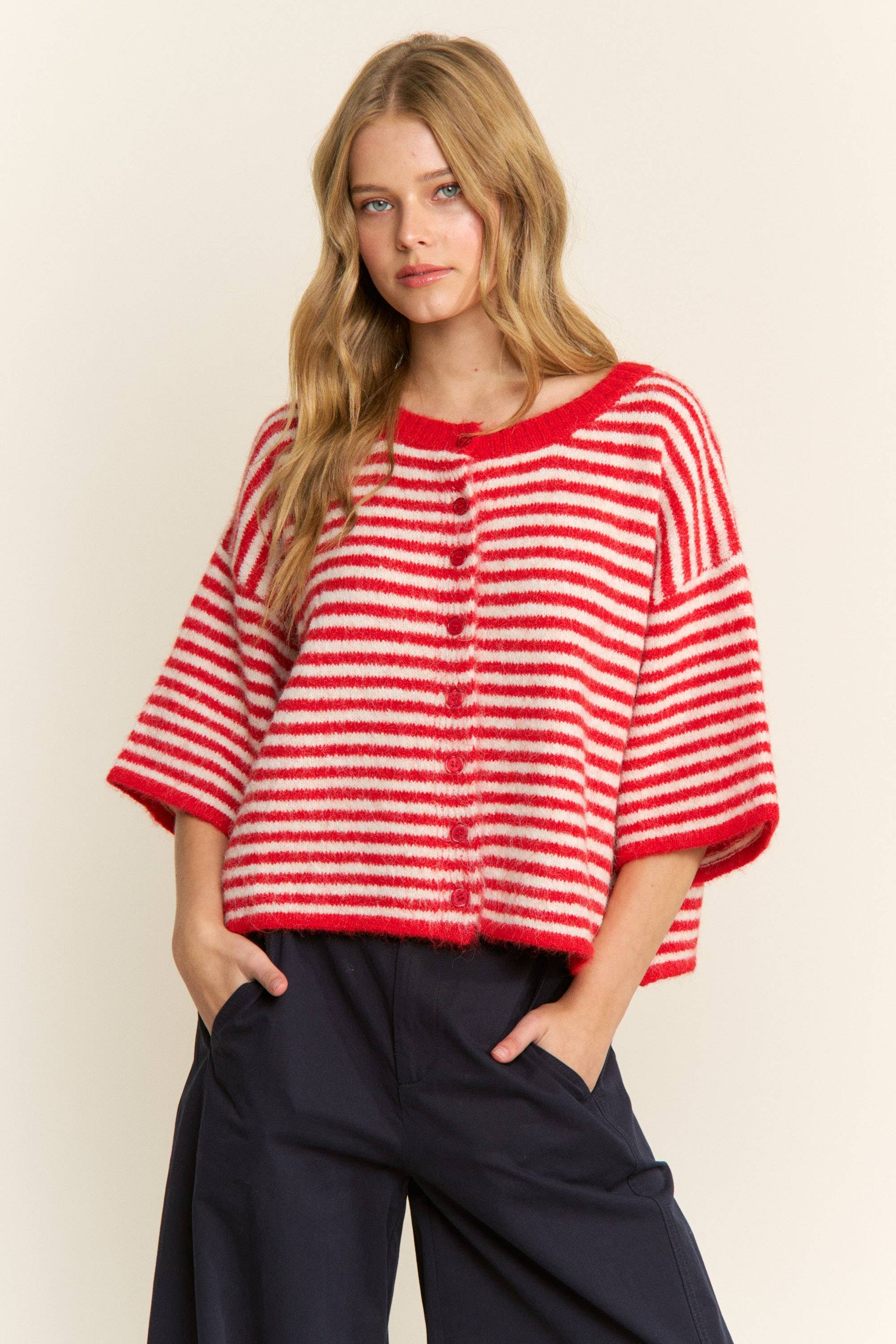 Blair Stripe Sweater in red and white - cropped fuzzy knit cardigan with horizontal stripes, button-front closure, round neckline, and short sleeves in relaxed boxy fit