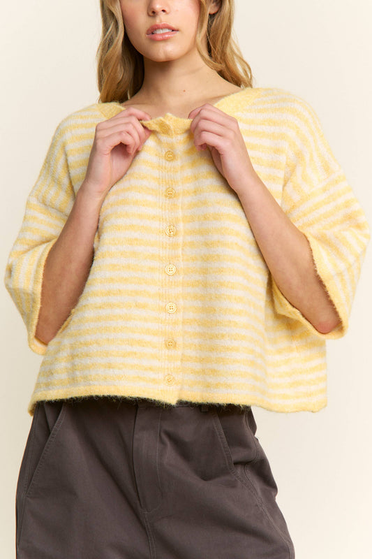 Blair Stripe Sweater in yellow and white - cropped fuzzy knit cardigan with horizontal stripes, button-front closure, round neckline, and short sleeves in relaxed boxy fit