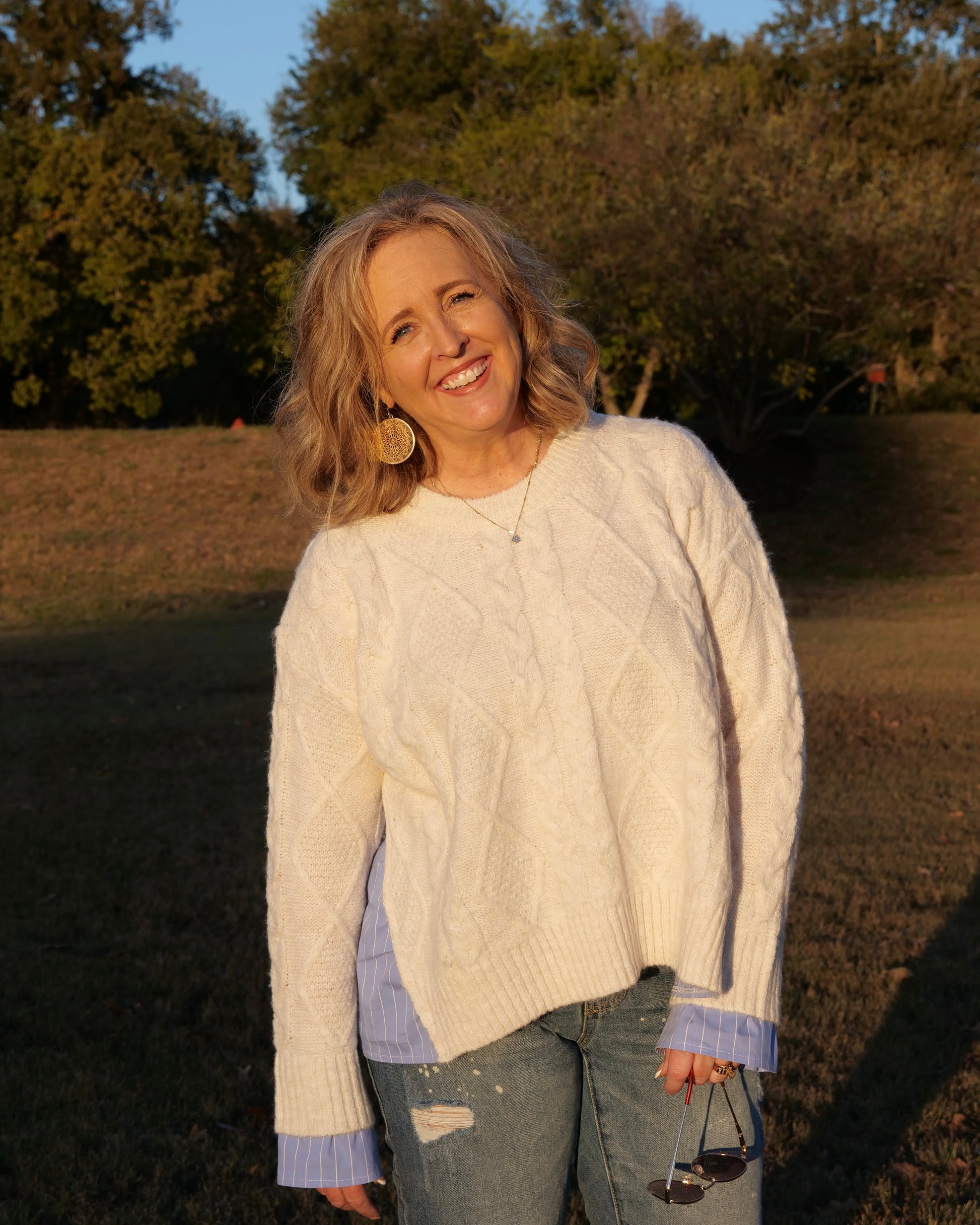 Blake Pullover - oversized cream cable-knit sweater with blue and white pinstripe shirting details at hem and cuffs, crew neckline, and long sleeves