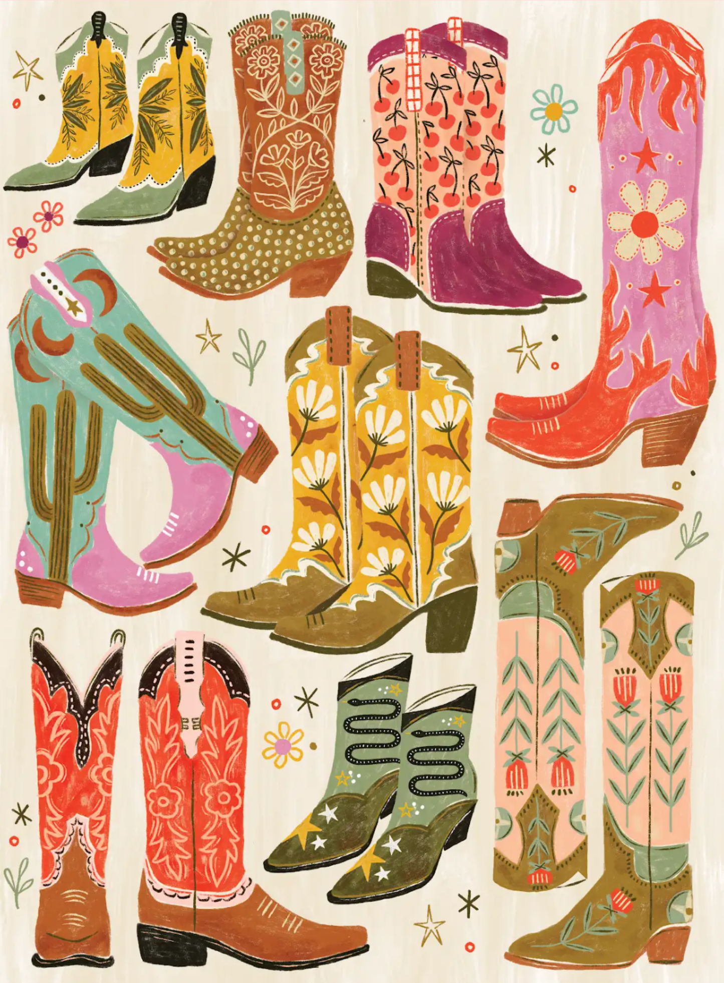 Boot Scootin' Boogie 1,000-piece jigsaw puzzle featuring colorful cowboy boots with vibrant patterns including florals, cacti, daisies, and flames