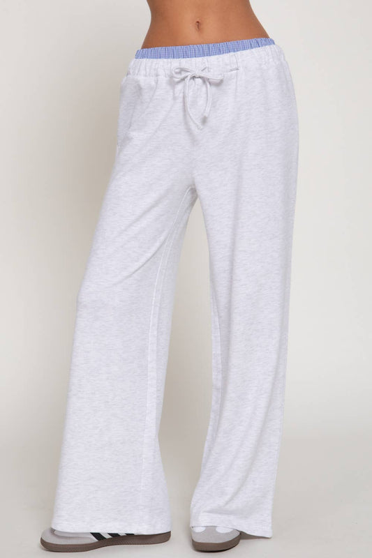 Borrowed From Him Pants in grey - wide-leg French terry lounge pants with elastic drawstring waistband and contrasting blue check panel