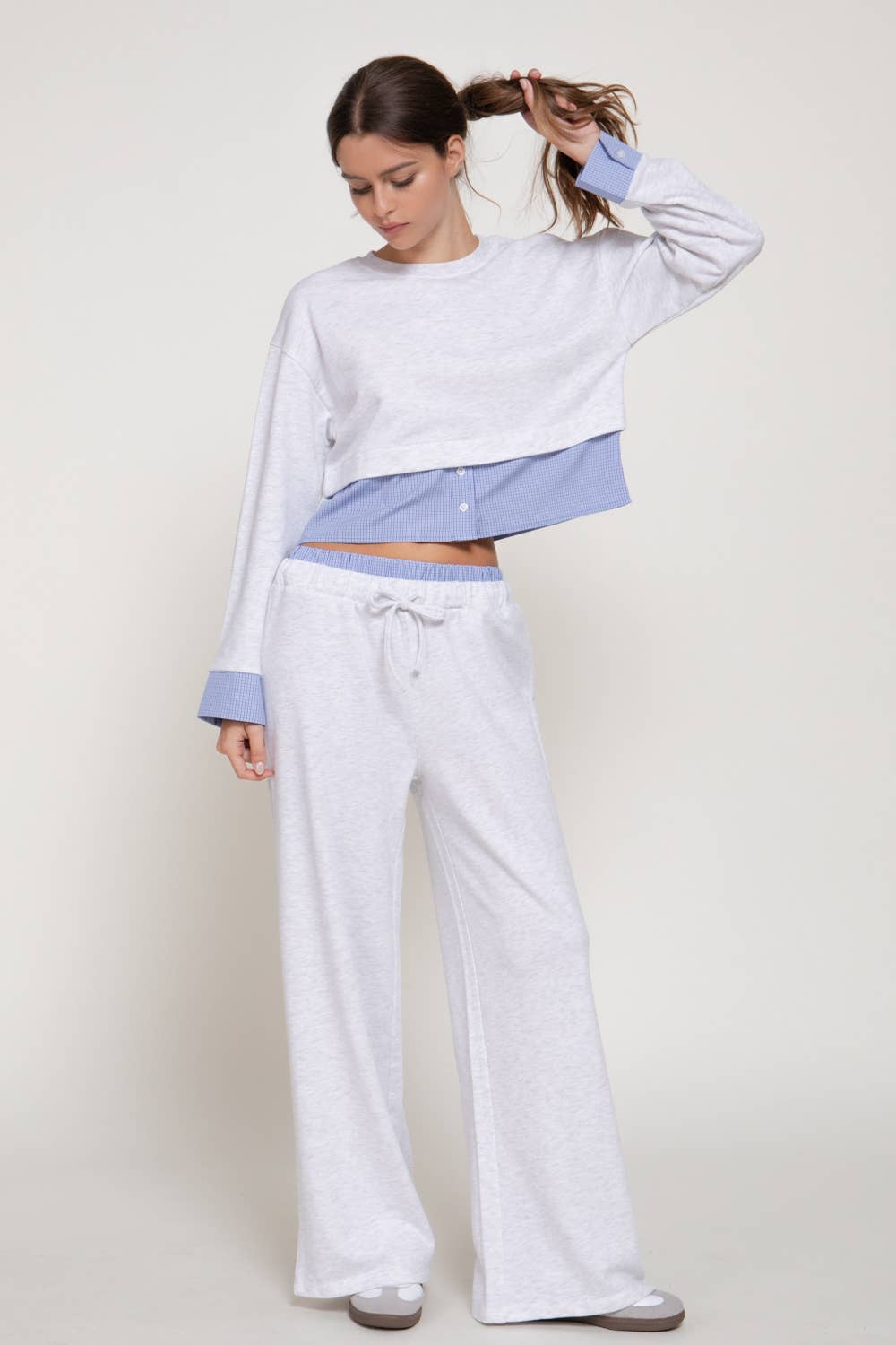 Borrowed From Him Pants in grey - wide-leg French terry lounge pants with elastic drawstring waistband and contrasting blue check panel