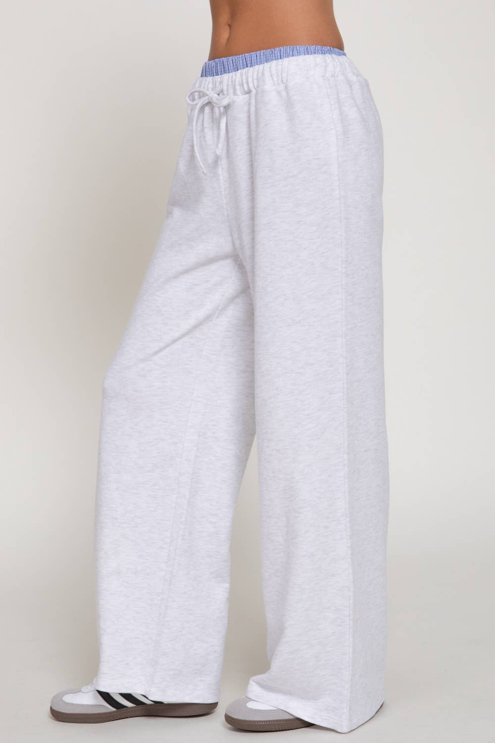 Borrowed From Him Pants in grey - wide-leg French terry lounge pants with elastic drawstring waistband and contrasting blue check panel