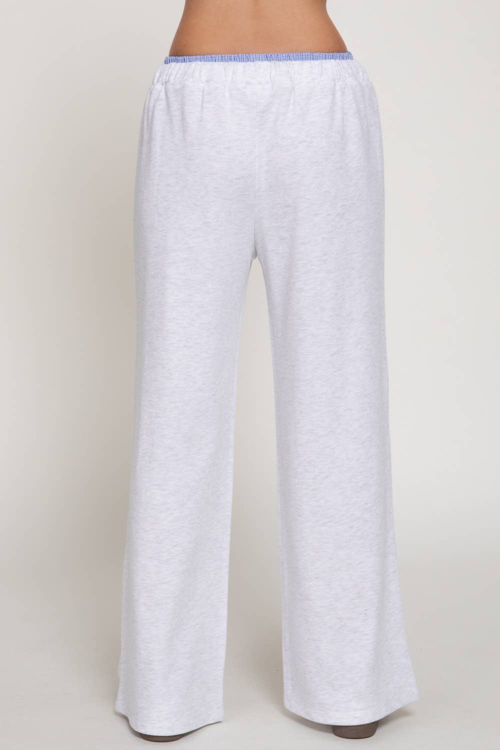 Borrowed From Him Pants in grey - wide-leg French terry lounge pants with elastic drawstring waistband and contrasting blue check panel