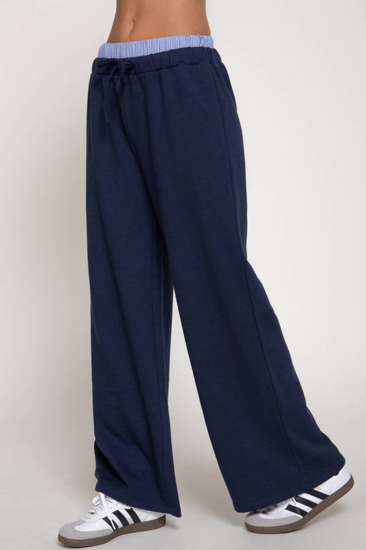 Borrowed From Him Pants in navy - wide-leg French terry lounge pants with elastic drawstring waistband and contrasting check panel