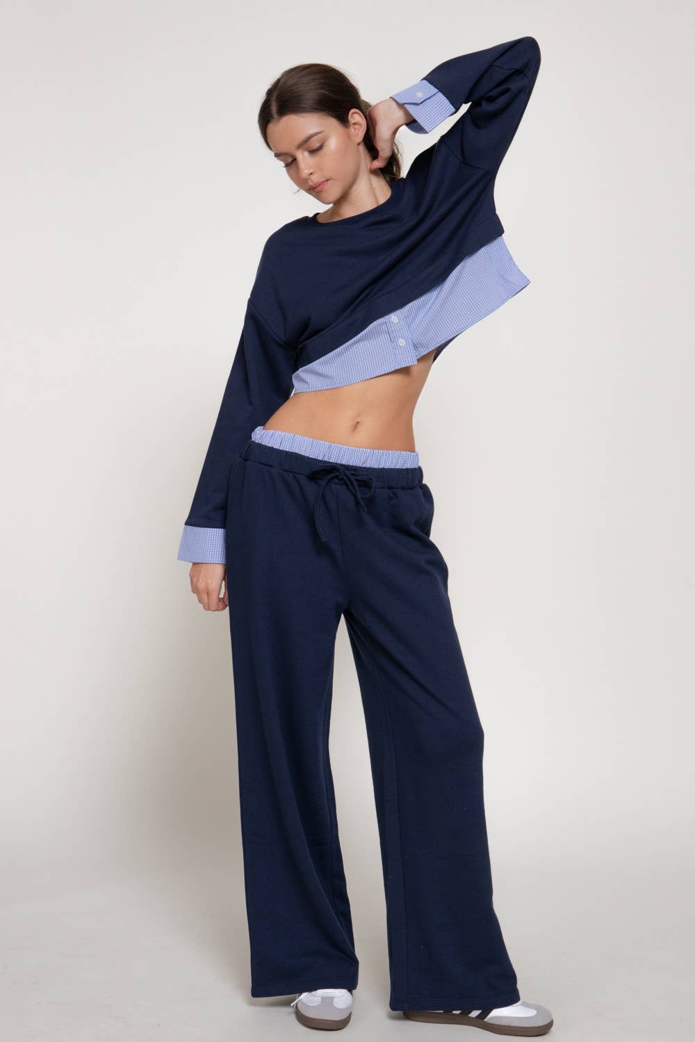 Borrowed From Him Pants in navy - wide-leg French terry lounge pants with elastic drawstring waistband and contrasting check panel