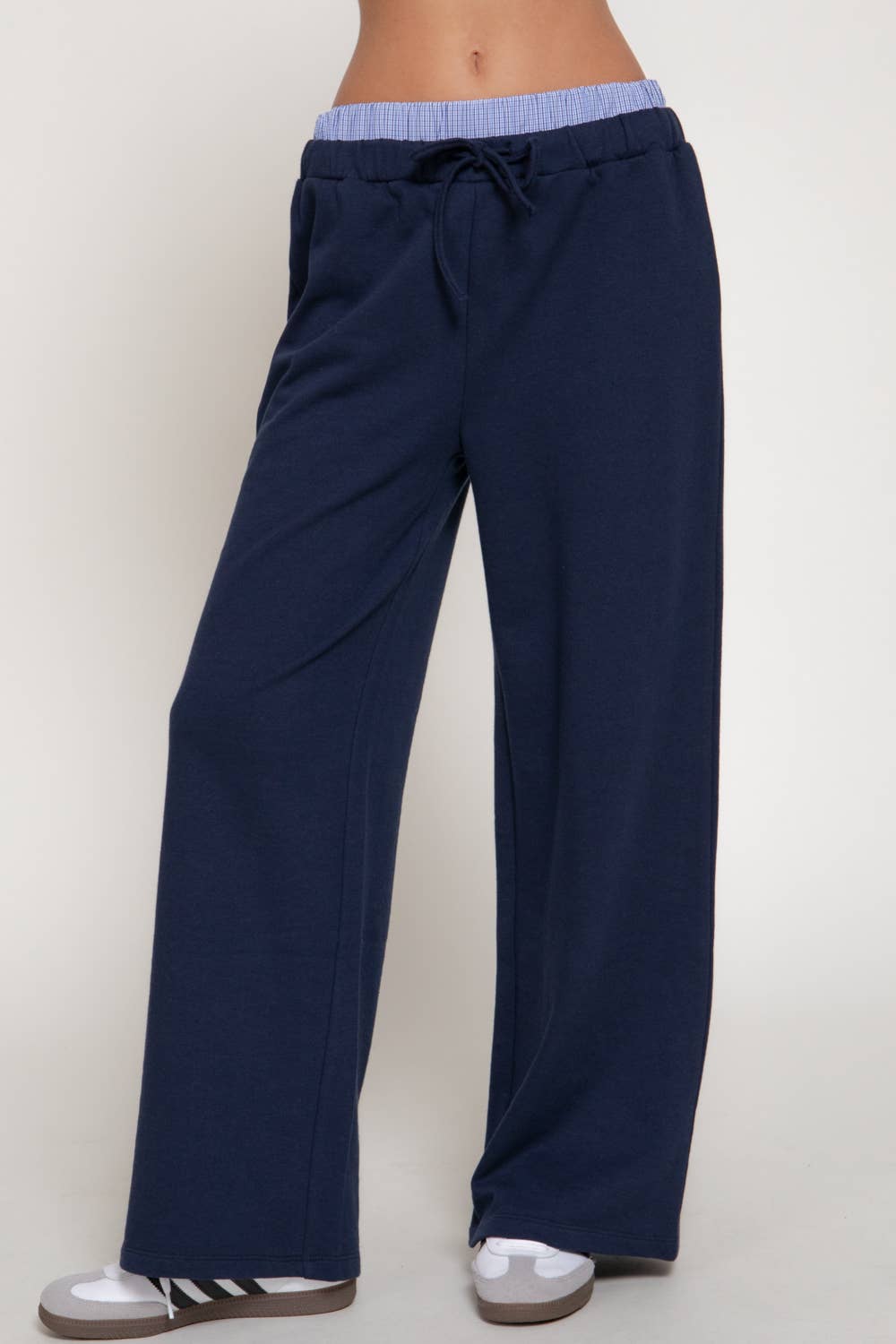 Borrowed From Him Pants in navy - wide-leg French terry lounge pants with elastic drawstring waistband and contrasting check panel