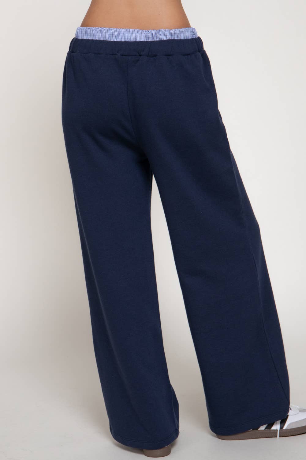Borrowed From Him Pants in navy - wide-leg French terry lounge pants with elastic drawstring waistband and contrasting check panel