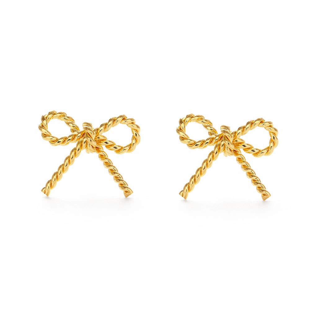 14K gold-plated bow stud earrings with twisted rope detailing and surgical steel posts