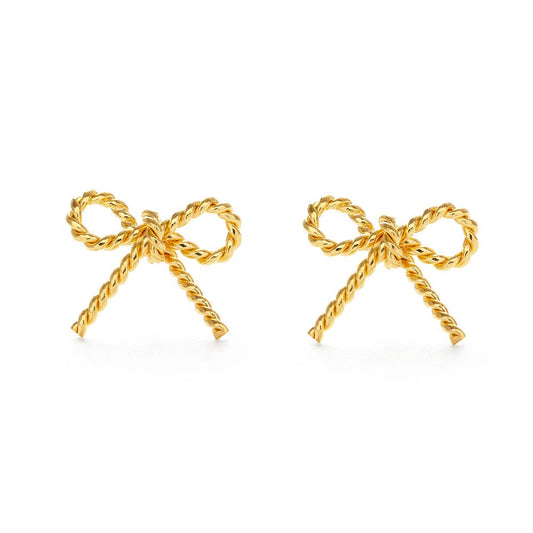 14K gold-plated bow stud earrings with twisted rope detailing and surgical steel posts
