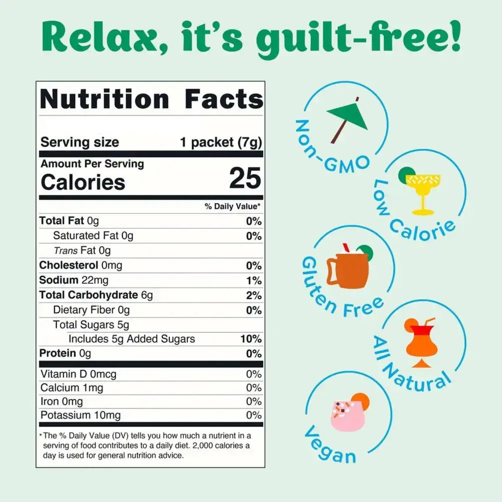 Craftmix nutrition facts label showing 25 calories per packet with icons highlighting non-GMO, low calorie, gluten-free, all natural, and vegan attributes