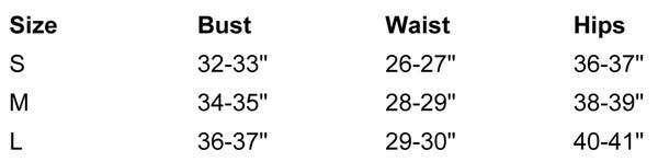 Size chart for Leni Maxi with bust, waist, and hips dimensions.