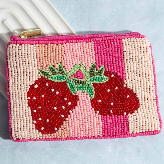 Seed Beaded Coin Purse - Double Strawberry (Ships 6/21)
