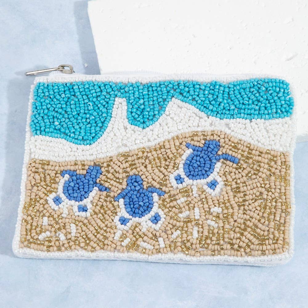 Seed Beaded Coin Purse - Turtles On Beach (Ships 6/21)
