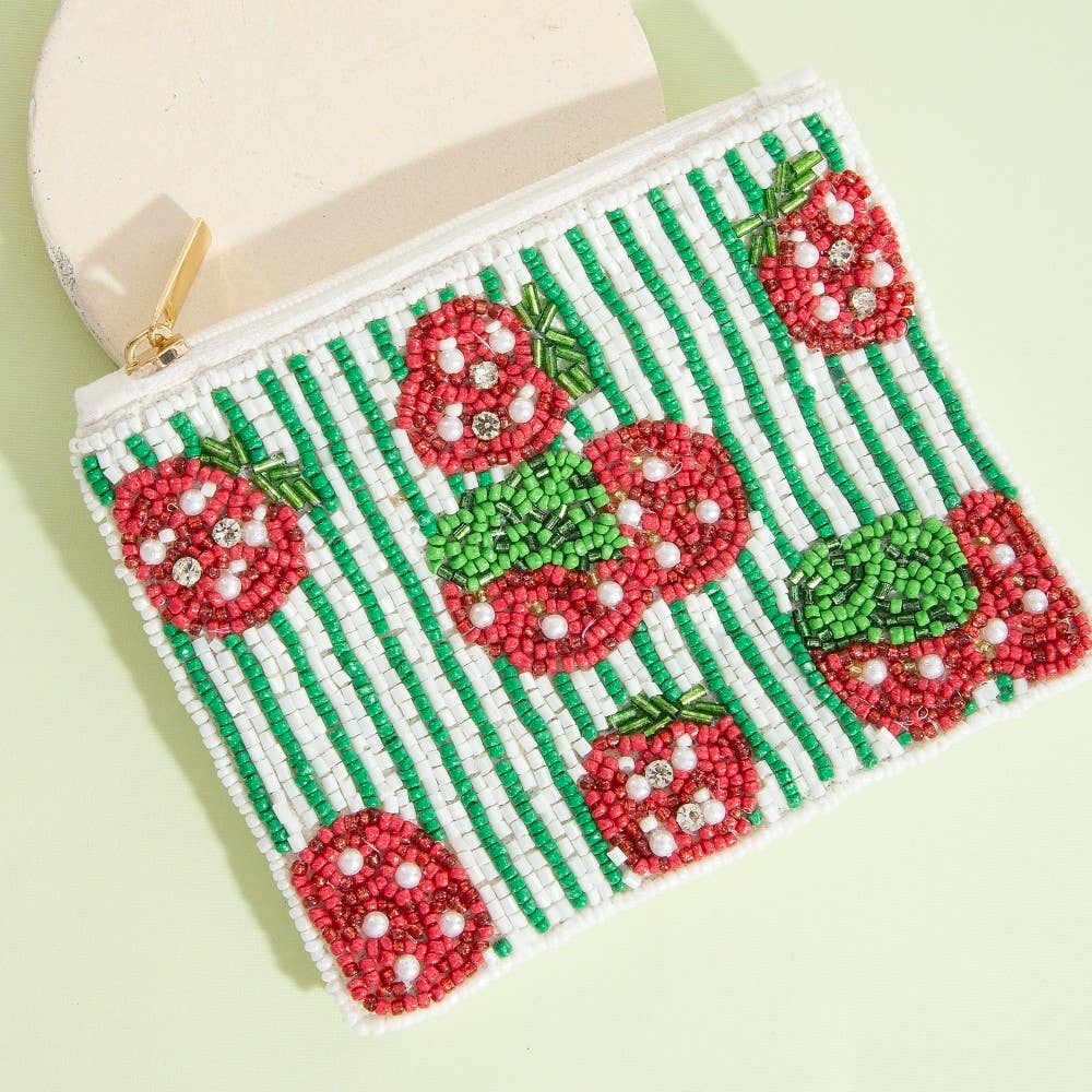 Seed Beaded Coin Purse - Stripes & Strawberries (Ships 6/21)