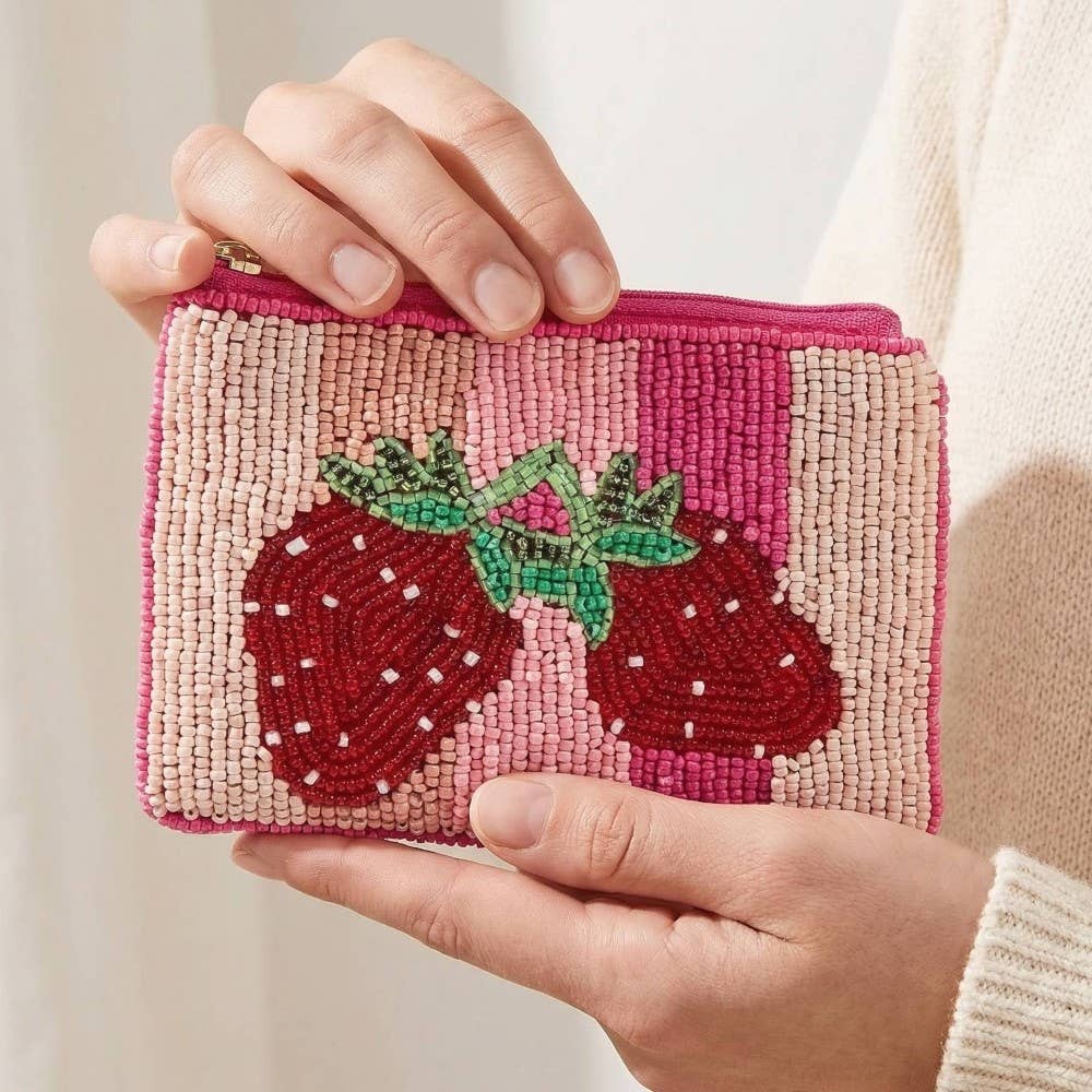 Seed Beaded Coin Purse - Double Strawberry (Ships 6/21)